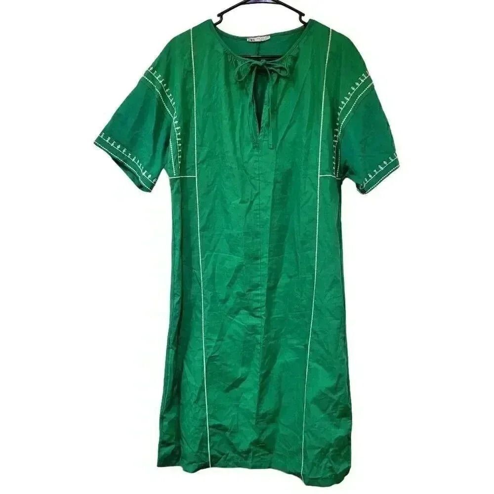 Zara Women's Emerald Green Cotton/Poly/Spandex W White Embroidered Tunic Summer
